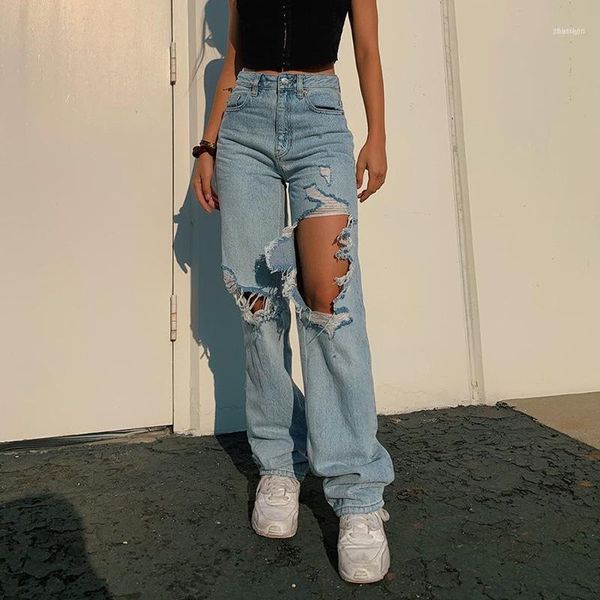 

hollow out distressed ripped jeans for women casual vintage loose high waist straight denim pants capris ladies streetwear 20211, Blue