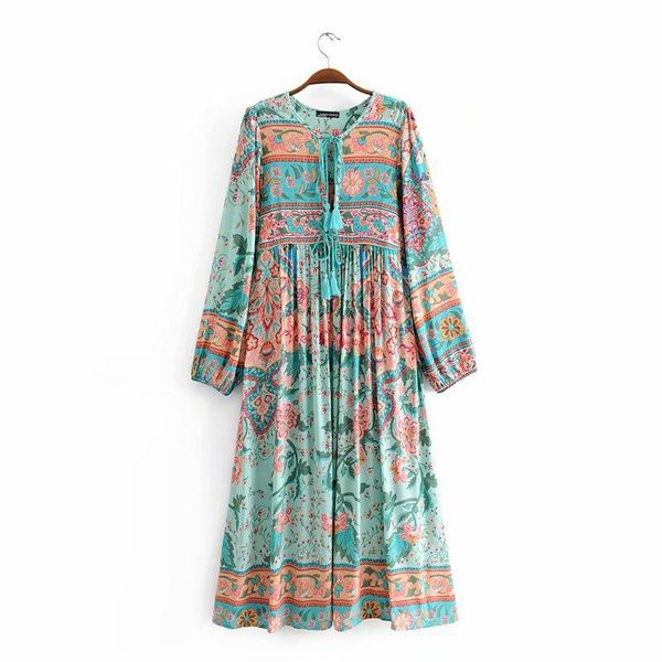 

casual dresses women 2021 spring dress lady bohemian style v-neck tassel lace up floral printed long sleeves maxi vestido, Black;gray