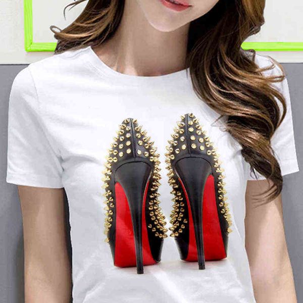 T-shirt branca camisa feminina moda sapatos de salto alto impresso camiseta feminina verão de mangas curtas casuais roupas de rua x0628