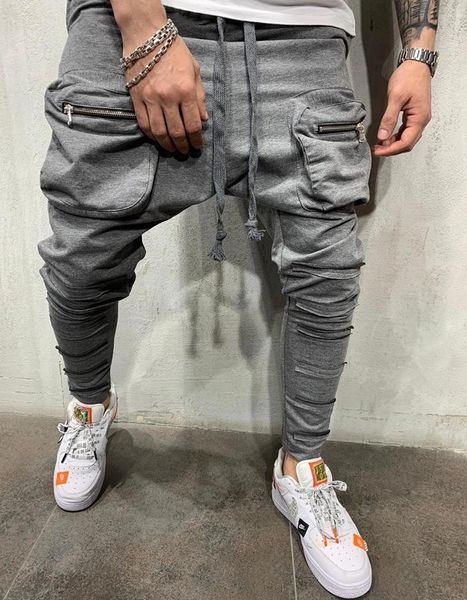 

sweatpants men's satchel pocket small foot zipper pouch slim sport pants, Black