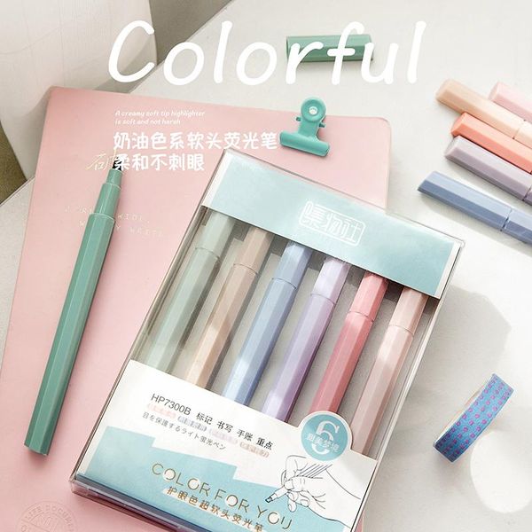 

highlighters 6 pcs/lot pastel assorted ink set with chisel tip for exams scrapbooking planner school office home, Black;red