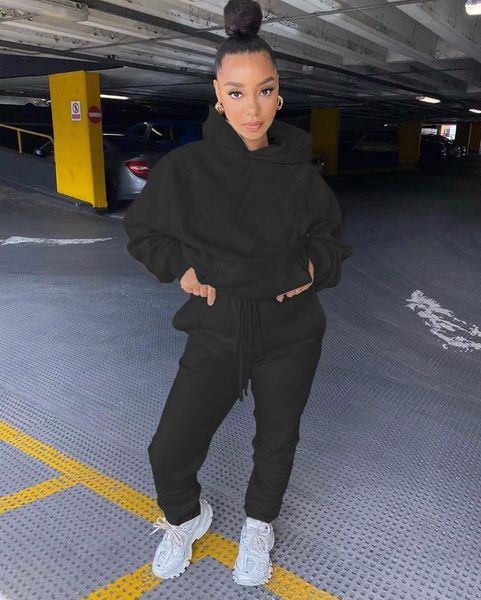 

women's two piece pants 2021 spring and winter ladies sports hoodie 2-piece casual hooded sweater solid color long-sleeved trousers set, White