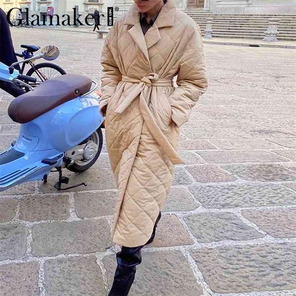 

glamaker casual rhombus printed women winter parka long deep pockets straight coat female tailored collar outerwear 210923, Black