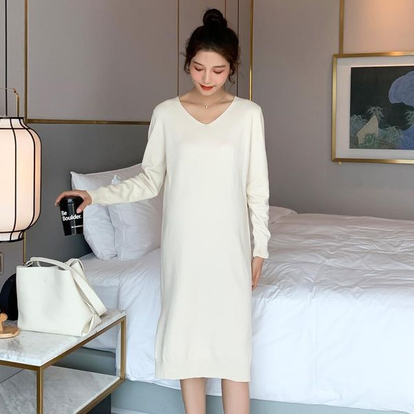 

maternity dresses 1605# autumn winter korean fashion knitted straight dress loose clothes for pregnant women casual slim pregnancy, White