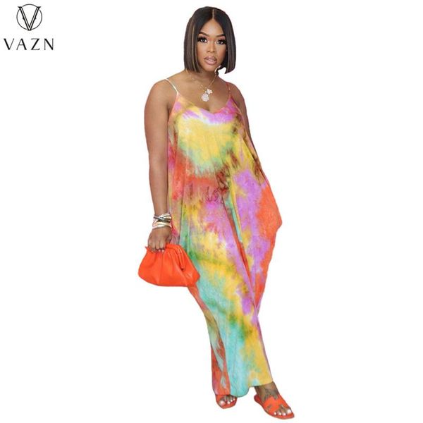 

casual dresses vazn 2021 summer energetic deep v-neck sleeveless beach boho young colorful lady high waist women thin maxi dress, Black;gray