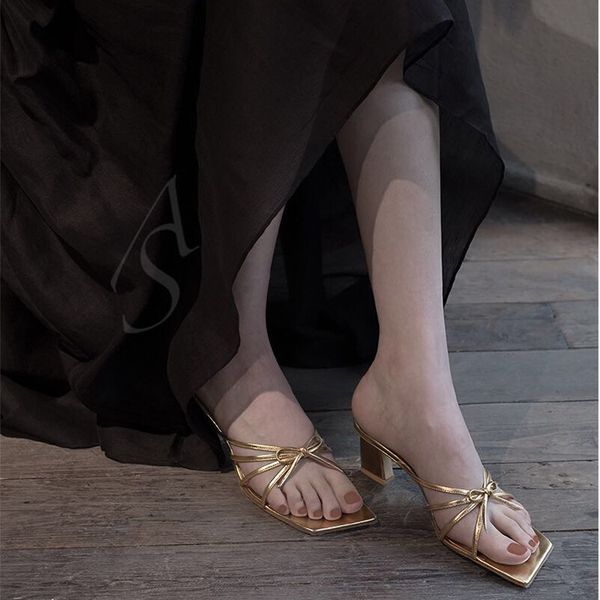 

french square by far golden sandals thin ribbon bow fairy style thick heel slippers women's shoes yw designerss, Black