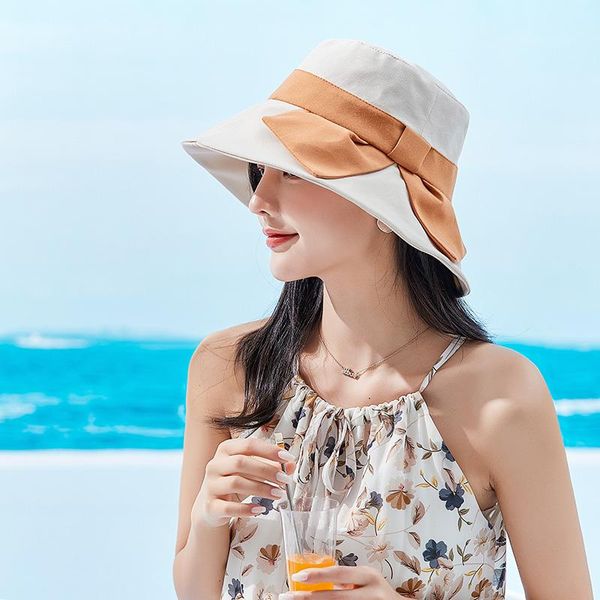 

wide brim hats [ptah] summer women's cloth hat anti-uv breathable comfortable foldable casual big bow cap female higt guality, Blue;gray