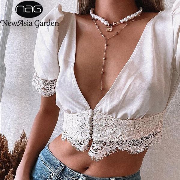 

women's blouses & shirts asia v neck lace crop blouse women button puff sleeve satin shirt vintage blusas stretch womens and, White