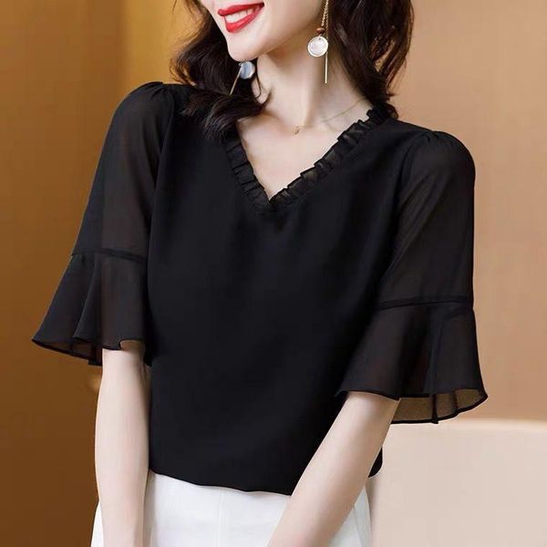 

women's blouses & shirts brand 2021 spring women half sleeve ruffle v-neck chiffon shirts,-2xl summer blouse,ol style office lady shir, White