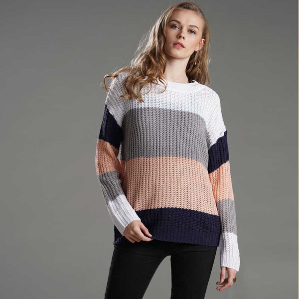 

women's sweater autumn and winter season warm striped round neck pullover female loose large size casual 210527, White;black