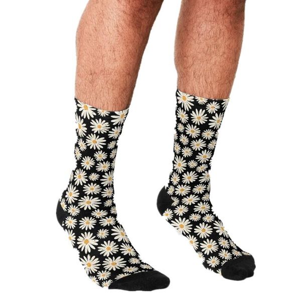 

men's socks 2021 funny cute daisy flowers yellow pattern printed hip hop happy boys street style crazy for men, Black