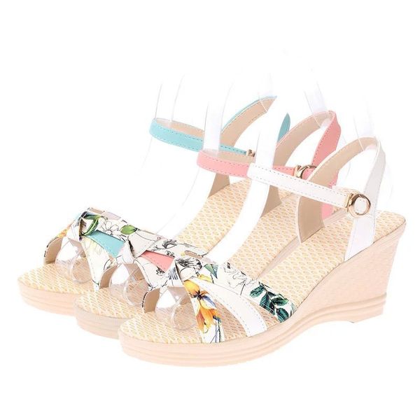 

summer new high-heeled sandals women's fashion color matching floral wedges heel casual dress shoes 3 colors size 35-40, Black