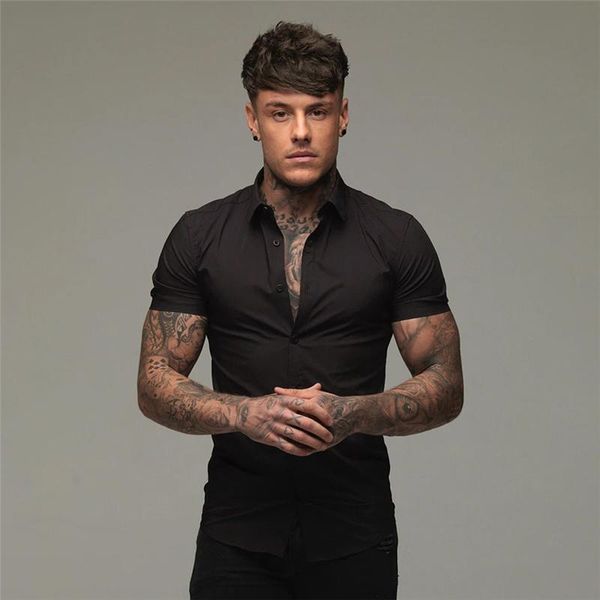 

men's casual shirts summer fashion slim fit button short sleeve men sportswear dress shirt male hipster fitness clothing, White;black