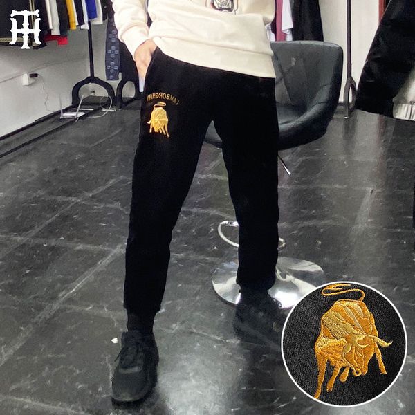 

pants fashionable the sportswear men's plush thickened big taurus embroidery european double face casual winter, Black