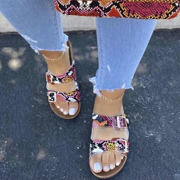 

double metal buckles colorful mixed snakeskin slippers outdoor sandals summer woman shoes, Black