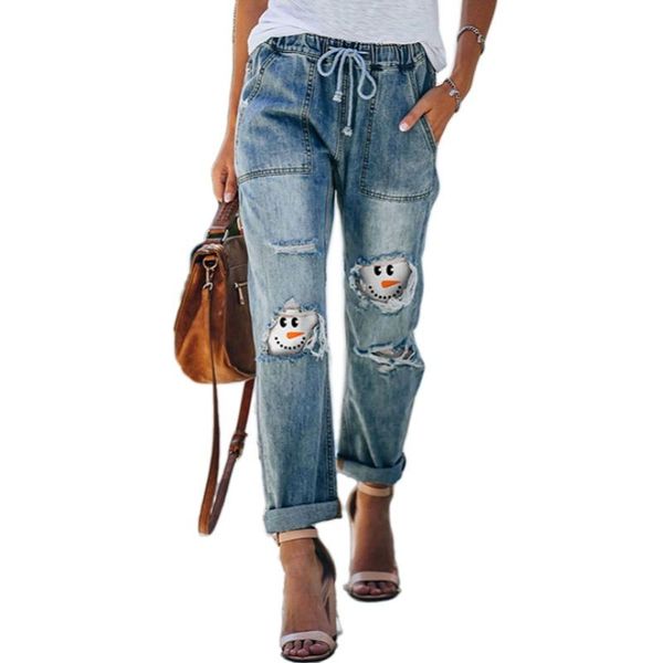 

women's jeans women ripped straight leg denim pants high waist snowman printed elastic lace up pocket causal streetwear trousers, Blue