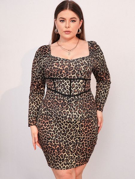 

plus square neck leopard print bodycon dress p02v#, Black