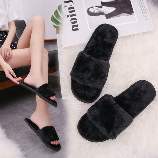 

weweya winter home cotton plush slippers women indoor fur flip flops sliders shoes woman with female mules, Black