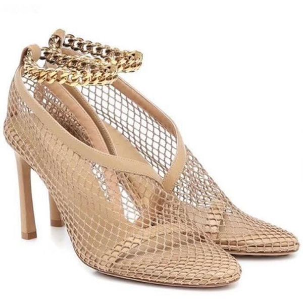 

sandals summer zapatos de mujer casual high-heeled women chain mesh shoes with solid color banquet, Black