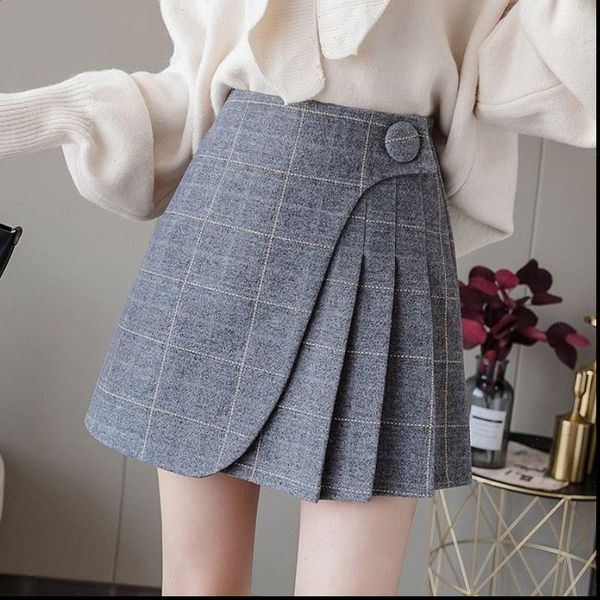 

plaid shorts winter wool pleated womens skirt korean fashion irregular a line high waisted jupe package hip skirts, Black