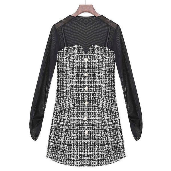

perhaps u women black two-piece set mesh o neck long sleeve plaid tweed button strap velvet mini dress spring t0319 210529, White