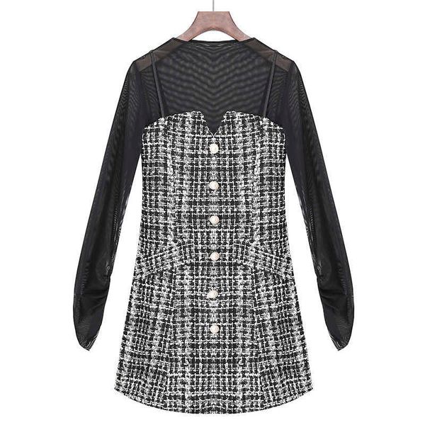 FORSE U Donna Nero Set due pezzi Maglia O Collo Manica lunga Top Plaid Tweed Cinturino in velluto Mini abito primavera T0319 210529