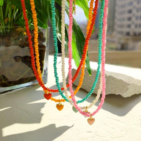 

chains fashion simple colorful rice bead love heart pendant necklace for women rainbow color seed bohemian party jewelry, Silver