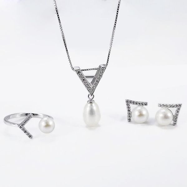 

meibapj simple personality fashion y shape pearl set s925 silver earrings necklace & ring fine jewelry sets for women, Black