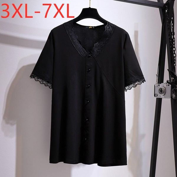 

plus size t-shirt missfansiqi summer for women large short sleeve loose cotton black lace v-neck 3xl 4xl 5xl 6xl 7xl