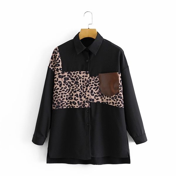 

women's leopard printed pu leather pocket patchwork shirt fashion turn down collar single buttons chiffon blouse shirts 210524, White