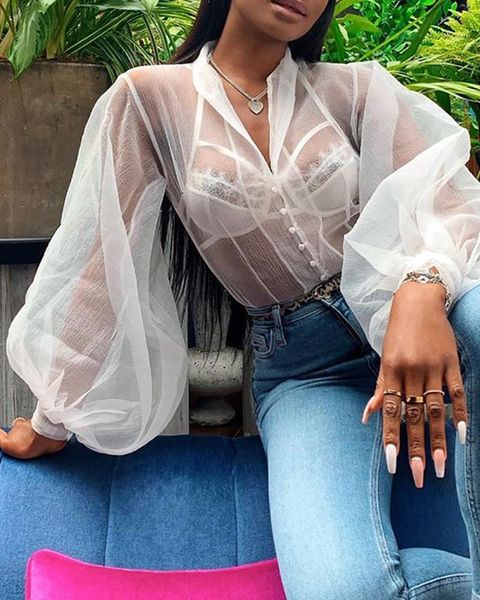 

women's blouses & shirts autumn women button design sheer mesh 2021 femme casual transparent lantern sleeve blouse y2k lady outfits kaw, White