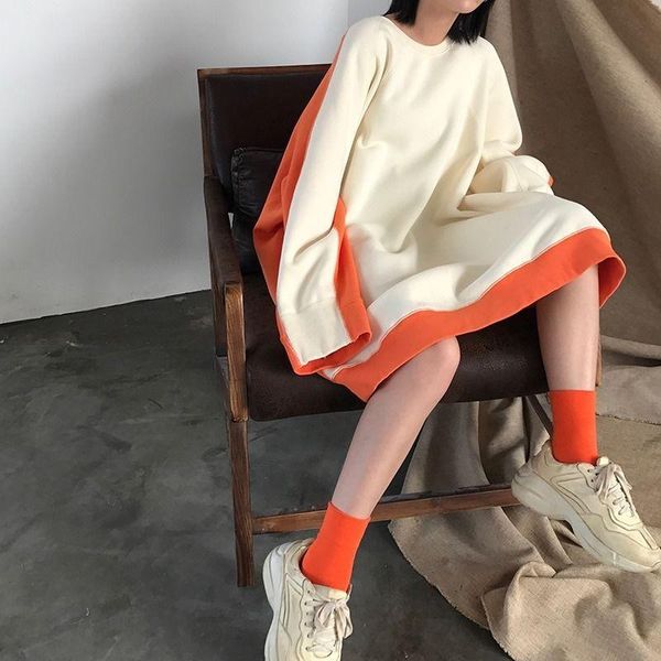 

women's hoodies & sweatshirts qweek casual warm long maxi crewneck sweatshirt plus velvet 2021 autumn winter womem oversized sleeve loo, Black