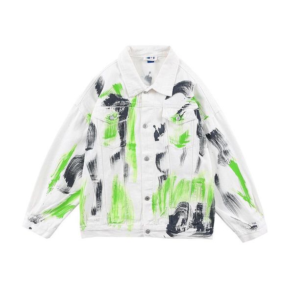 

men's jackets hand paninted lapel retro jeans men and women streetwear windbreaker casual denim coat loose washed jean clothes, Black;brown