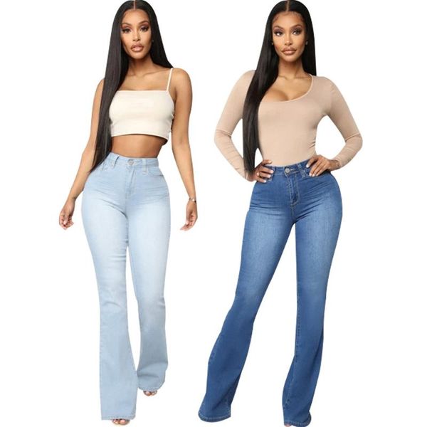 

women's jeans elastic hight skinny trousers fashion high waist bell bottom pant streetwear, Blue
