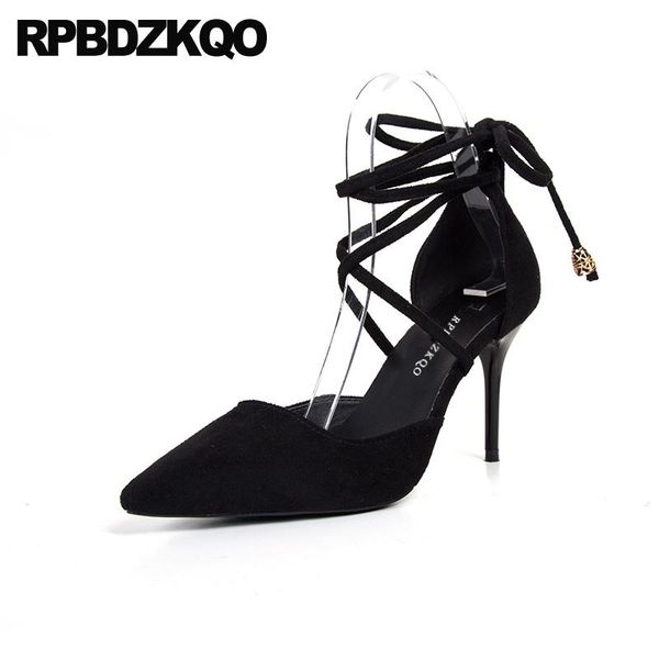 

dress shoes sandals cross strap ladies stiletto 8cm pointed toe female lace up scarpin black tie suede pumps thin high heels