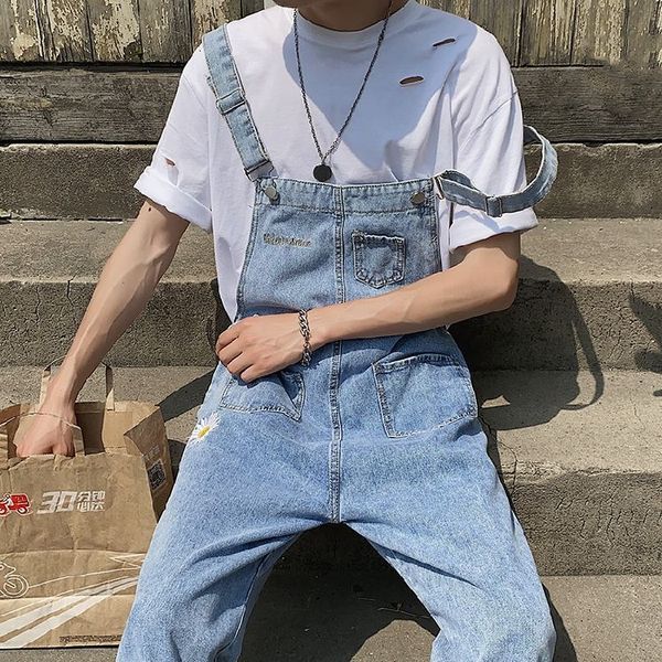 

embroidery casual men women overalls loose straight suspener trousers washed vintage couple pants kwwaii clothes, Blue