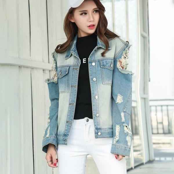 

women's jackets vintage holes denim jacket 2021 spring and autumn graffiti printing retro long-sleeved loose jeans coat, Black;brown