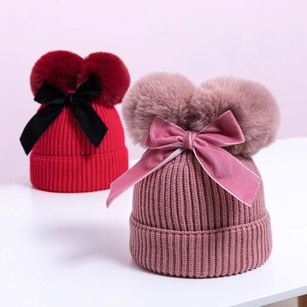 

caps & hats cute bow baby hat cap double pompom knitted girl boy beanie winter warm thicker kids bonnet soft children, Yellow