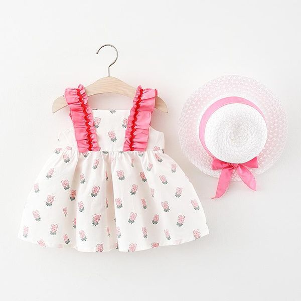 

kids girls dress print with cap summer girl's dresses, Red;yellow