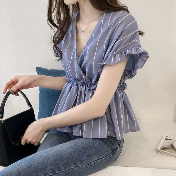 

w2026 summer new short sleeve v-neck stripe shirt with ear edge for women, White