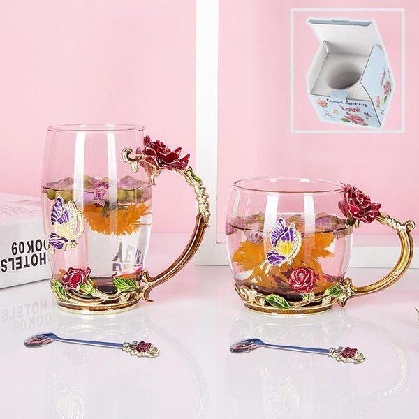 

wine glasses red rose enamel water cup high borosilicate flower tea