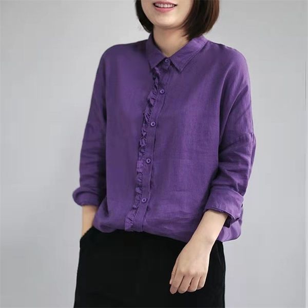 

arrival spring/autumn women loose casual long sleeve cotton linen blouse turn-down collar ruffles patchwork shirts w238 210512, White