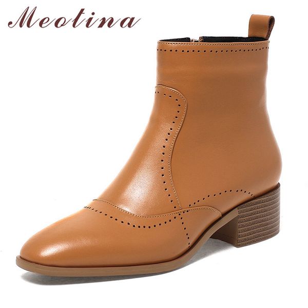 

winter ankle boots women natural genuine leather thick heel short zipper square toe shoes ladies autumn size 34-39 210517, Black