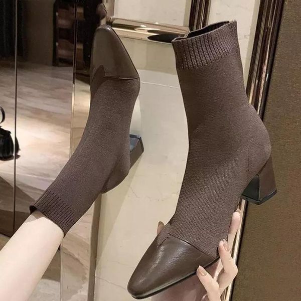 

boots stretch knitted socks women 2021 pointed toe thick high heel party ankle elegant short booties for ladies, Black