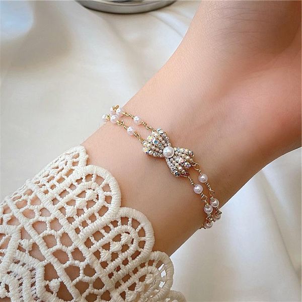 

charm bracelets origin summer ab color rhinestone bowknot bracelet for women simulated pearls chain jewellery accessories, Golden;silver