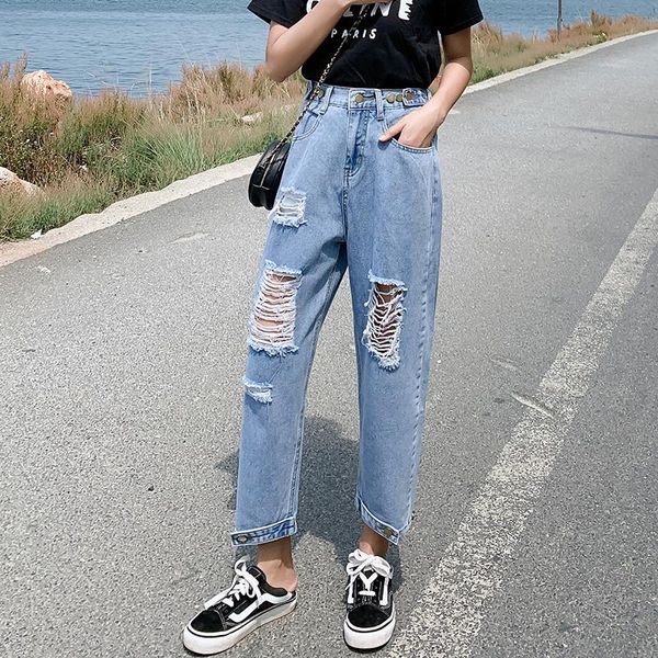 

women's jeans big size ripped beggar women holes destroyed broken torn pants vintage female denim trousers designer boyfriend, Blue
