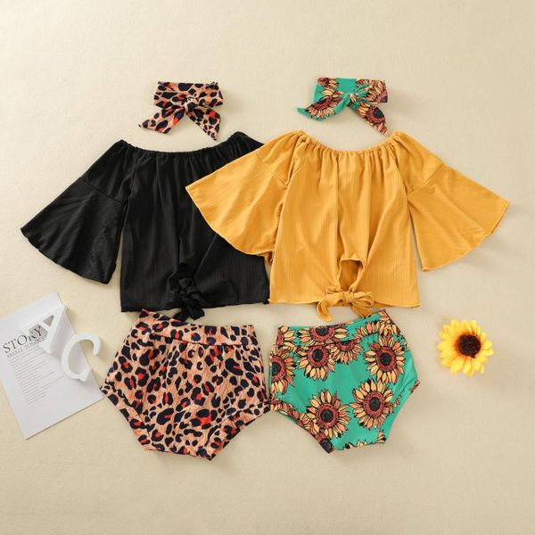 

summer lovely girls clothes sets 3pcs flare sleeve off shoulder solid leopard/sunflowers shorts headband 0-3y clothing, White