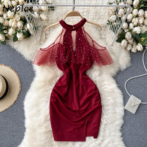 NEPLOE Malha Retalhos Retalhos Ruffles Vestido De Festa Mulheres Cintura Alta Cintura Bodycon Vestidos Pulôver Manga Curta Sólida Verão 210423