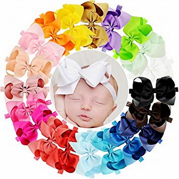 

hair accessories 16 colors handmade 6 inches grosgrain ribbon big bows headbands for baby girls infant toddlers and kids, Slivery;white