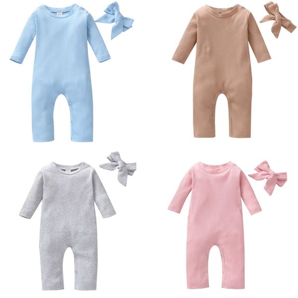 

0-24m infant baby girl boy knited romper+headband autumn new solid long sleeve o neck jumpsuit playsuit one piece 2021 new, Blue